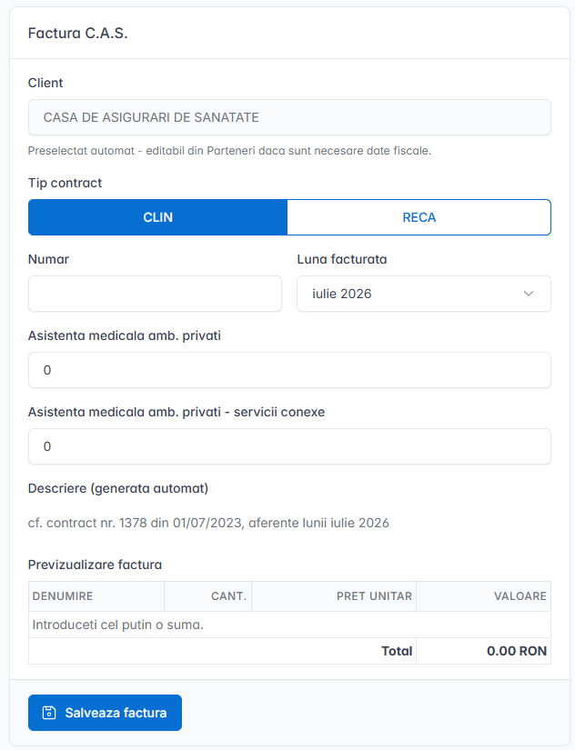 Program de facturare pentru cabinet medical &ndash; formular DocuHelp pentru facturarea lunară către CAS cu cod CLIN RECA, luna și sumele pentru servicii medicale